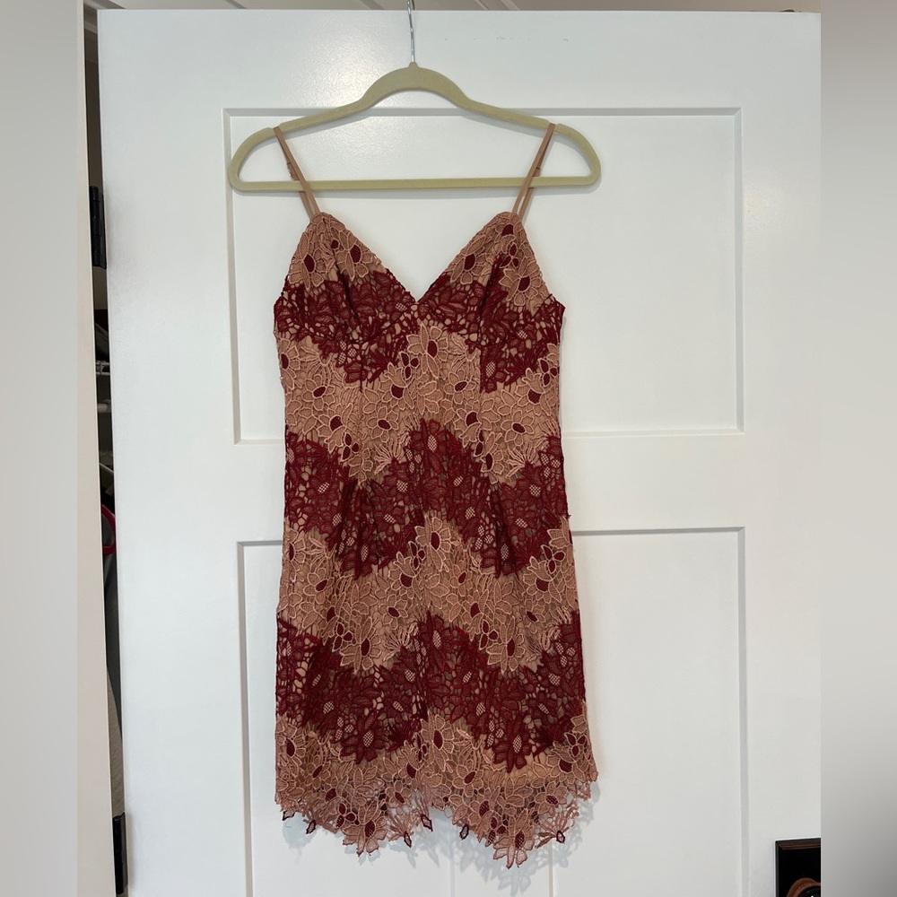 Bardot Lace Dress in Burgundy and Beige